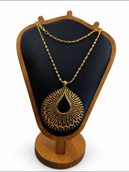 Crown Trifari Jewelry - Vintage Crown Trifari Mid Century Pendant Necklace Gold Tone Openwork Textured